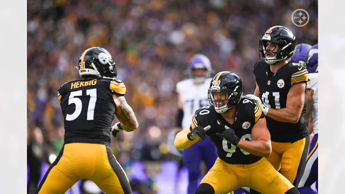Pittsburgh Steelers LB #90 Nick Herbig and LB #90 T.J. Watt celebrate during a Week Four game against the Minnesota Vikings 