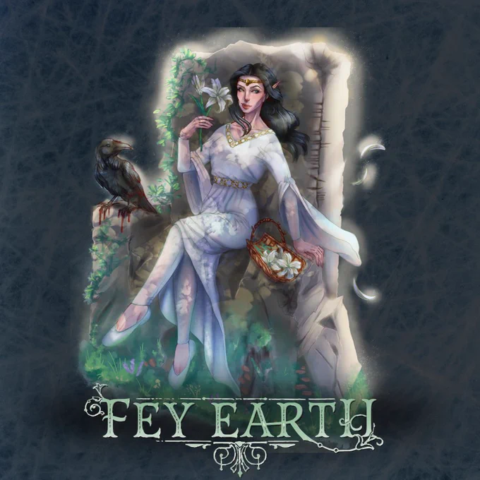 Image shows a beautiful elven maiden with long flowing raven black hair, wearing a long white gown, with white leggings visible, a golden embroidered pattern around the neckline and white slippers. She is sitting on a throne made of rough stone. In the back right corner of the throne is an engraving of Ogham script. She has a basket on the left armrest of the throne with white lilies in it and on the right arm rest is perched a raven with blood on it's feathers and beak. In her right hand she is also holding a white lilly
