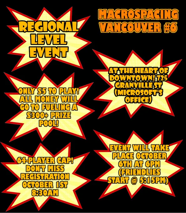 A graphic containing text bubbles that indicate that this is a regional level event, has a $5 entry, will be at Microsoft's Granville office, has a 64-player cap, that registration goes live October 1st, and that the event will happen October 6th at 6PM (friendlies start at 5:15PM).