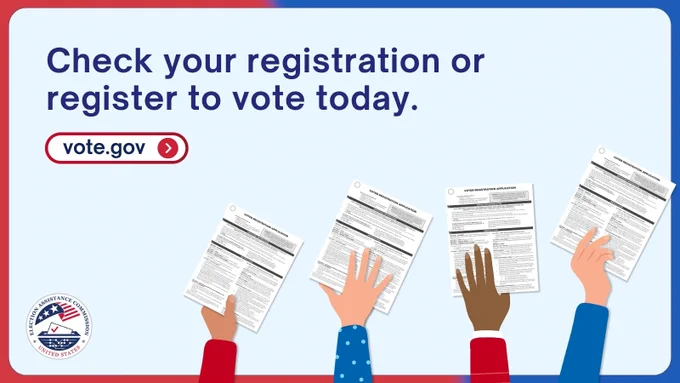 A red and blue abstract shape border fills the frame with a light blue inlayed rectangle. Top left in dark blue and red text reads "Check your registration or register to vote today. vote.gov". Bottom left is a circular EAC logo. To the right are 4 illustrated hands dressed in red and blue