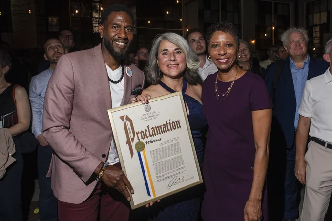 New York Public Advocate Jumaane Williams with Sheila Lewandowski and Speaker Adrienne Adams.