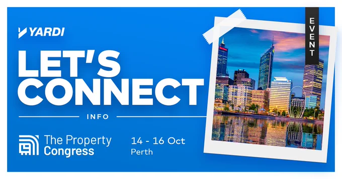 Promotional banner for The Property Congress, sponsored by Yardi, featuring a skyline view of Perth, scheduled from 14-16 October.