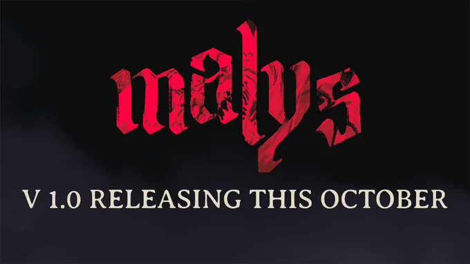 The title for Malys in an inky red on a black background, below are the words: V1.0 releasing this October.