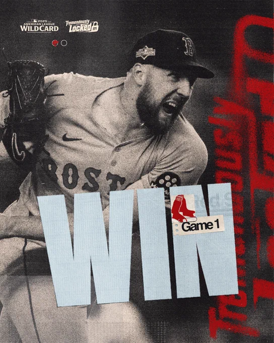 TEXT: "Wild Card Game 1- WIN"
IMAGE: Black and white photo of Crochet pitching at Yankee Stadium overlaid with "Tremendously Locked In" logos. 
