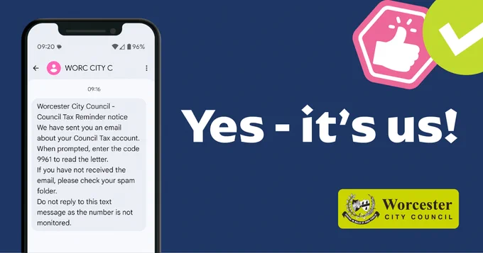 A mobile phone shows a message about Council Tax. A caption reads, "Yes - it's us!" The Worcester City Council logo is included on the graphic.