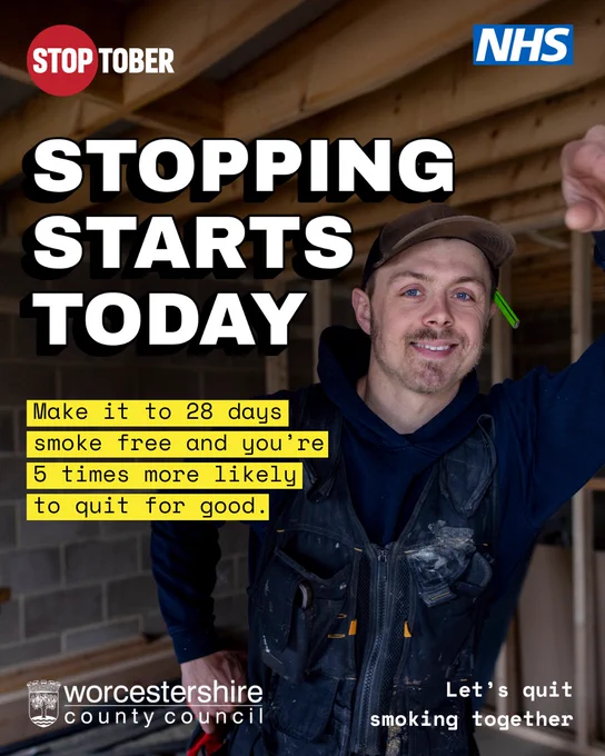 Poster of a smiling young man in paint-splattered overalls leaning on a half-built doorway. Text reads “Stopping starts today” and “Make it to 28 days smoke free and you’re 5 times more likely to quit.” NHS logo top right, Stoptober top left, tagline “Let’s quit smoking together.”