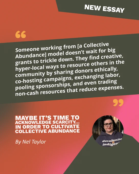 Banner says New Essay. It includes the quote, title, and author from the text of the post. In the bottom right corner is a photograph of Nel.