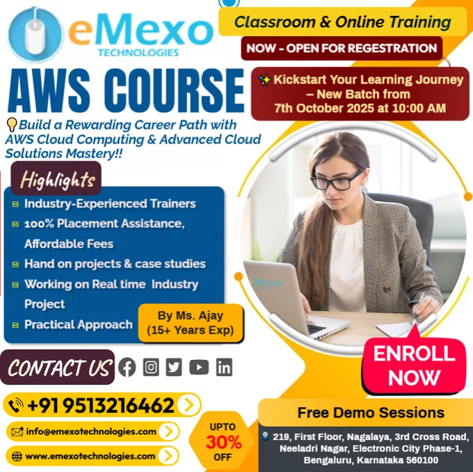 AWS Training in Bangalore ☁️ – eMexo Technologies!
Calling All Future Cloud Engineers! 
Ready to launch a career in AWS Cloud, DevOps, and Infrastructure Automation? Whether you’re a fresher or a working professional, eMexo Technologies is your trusted destination to master Amazon Web Services (AWS) in Bangalore.
🎯Why Choose eMexo Technologies for AWS Training in Bangalore?
🛠️Hands-On AWS Projects
Work on real-time AWS projects like EC2 provisioning, VPC setup, S3 storage solutions, IAM security, serverless applications with Lambda, container orchestration with ECS/EKS, and CI/CD pipelines on AWS.
👨‍🏫Expert Mentorship
Learn from AWS Certified Cloud Architects & DevOps Engineers with 10  years of industry expertise in cloud deployments and enterprise infrastructure.
🎓Certification Preparation
Get guided support for AWS Solutions Architect, AWS SysOps Administrator, and AWS DevOps Engineer Certifications with dedicated exam-oriented training.
🎉Limited-Time Offer: 30% OFF!