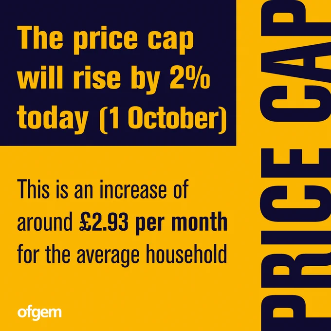 TEXT: The price cap will rise by 2% today (1 October).

This is an increase of around £2.93 per month for the average household.