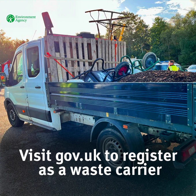 Image of a van carrying waste. Text reads "Visit gov.uk to register as a waste carrier"