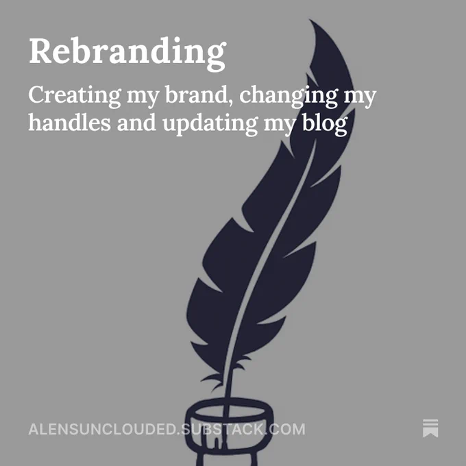 Image shows a stylised design of a quill dipping into the top of a bottle. Quill and bottle are both navy blue. The background is mid grey. Overlaid at the top is white text saying: Rebranding. Creating my brand, changing my handles and updating my blog.
