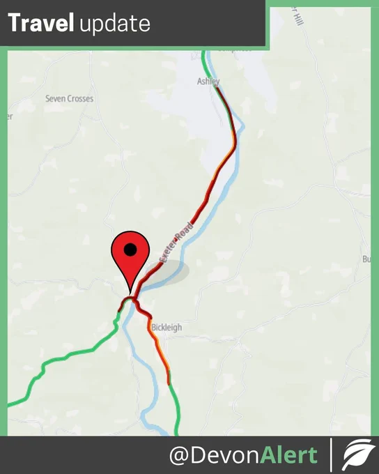 Map of Bickleigh Bridge, Tiverton showing high level of congestion.