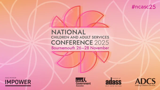 Bright conference poster for the 2025 National Children and Adult Services Conference in Bournemouth, featuring floral designs, logos, and the hashtag #ncasc25.