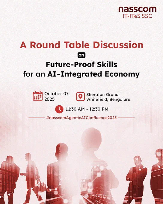 SSC Nasscom will join the Round Table Conference on Future-Proof Skills for an AI-Integrated Economy on Tuesday, 7th October 2025, from 11:30 AM to 12:30 PM at the Sheraton Grand, Whitefield, Bengaluru.
The conference will be moderated by Priya Madhavan Lead – Industry Content and Mapping, IT-ITeS SSC Nasscom, and will feature discussions on the skills and competencies that participants will need to thrive in an AI-driven economy. The sessions will explore emerging trends, workforce strategies, and initiatives set to define the future of work.
Skill India | NSDC National Skill Development Corporation | Skill India Digital | nasscom
#SSCNasscom #roundtableconference #skillsdevelopment #AI #upskilling #futureofwork #DigitalTransformation #leadership #nasscomAgenticAIConfluence2025