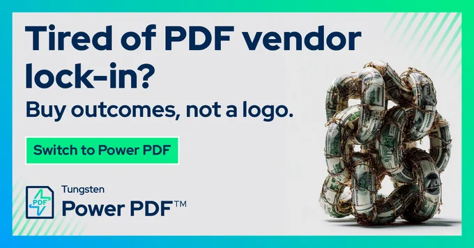 Advertisement urging users to avoid PDF vendor lock-in by switching to Power PDF for better outcomes, featuring a tangled chain made of dollar bills wrapped in barbed wire.