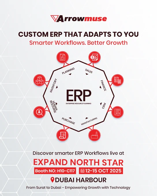 Arrowmuse Custom ERP Solutions poster for Expand North Star 2025 at Dubai Harbour, Booth H10–C117, Oct 12–15.