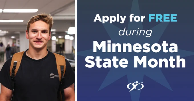 Individual with a backpack smiling in an advertisement promoting free applications during Minnesota State Month.