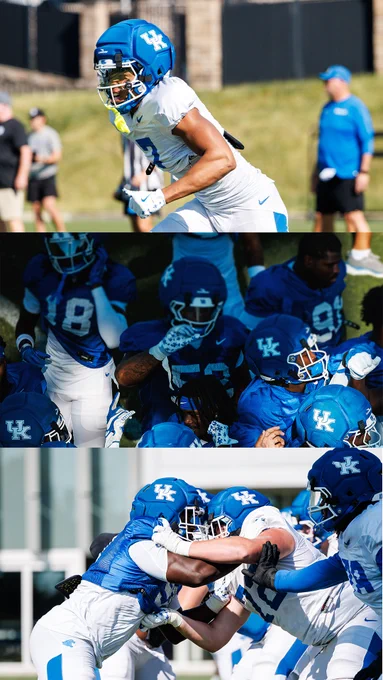 Top picture is of DJ Miller. Middle picture is of the team in a huddle. Bottom picture is of linemen battling. 