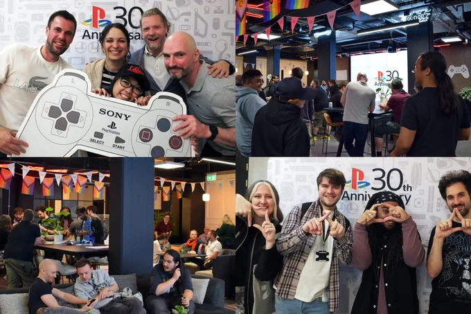 Collage of PlayStation's 30th Anniversary celebration. Top left: Group holding a giant controller cutout. Top right: People gathered in a decorated event space. Bottom left: Guests interacting and enjoying the event. Bottom right: Four people in front of the anniversary backdrop forming PlayStation shapes with their hands.
