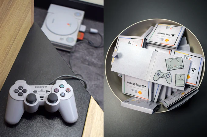 Two images showcasing PlayStation memorabilia. On the left, a classic PlayStation console and controller. On the right, a bowl filled with PlayStation-themed pins, featuring console and controller illustrations.