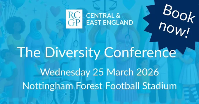 Pale blue wash over a selection of different people dressed as GPs. White writing over the top that says The Diversity Conference Wednesday 25 March 2026 Nottingham Forest Football Stadium, book now!