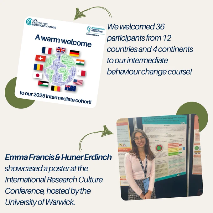 Graphic of a globe made up of words and 12 flags, surrounded by the words: 'a warm welcome to our 2025 intermediate cohort!'. Caption 'We welcomed 36 participants from 12 countries and 4 continents to our intermediate behaviour change course!'. Photo of Huner Erdinch stood by her research poster, with caption 'Emma Francis & Huner Erdinch showcased a poster at the International Research Culture Conference, hosted by the University of Warwick'.