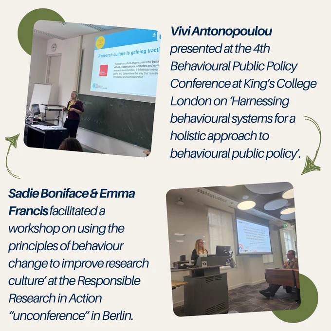 Photo of Emma Francis presenting a slide entitled 'research culture is gaining traction', with caption 'Sadie Boniface and Emma Francis facilitated a workshop on using the principles of behaviour change to improve research culture at the Responsible Research in Action "unconference" in Berlin. Photo of Vivi Antonopoulou presenting with caption 'Vivi Antonopoulou presented at the 4th Behavioural Public Policy Conference at King's College London on Harnessing behavioural systems for a holistic approach to behavioural public policy'.