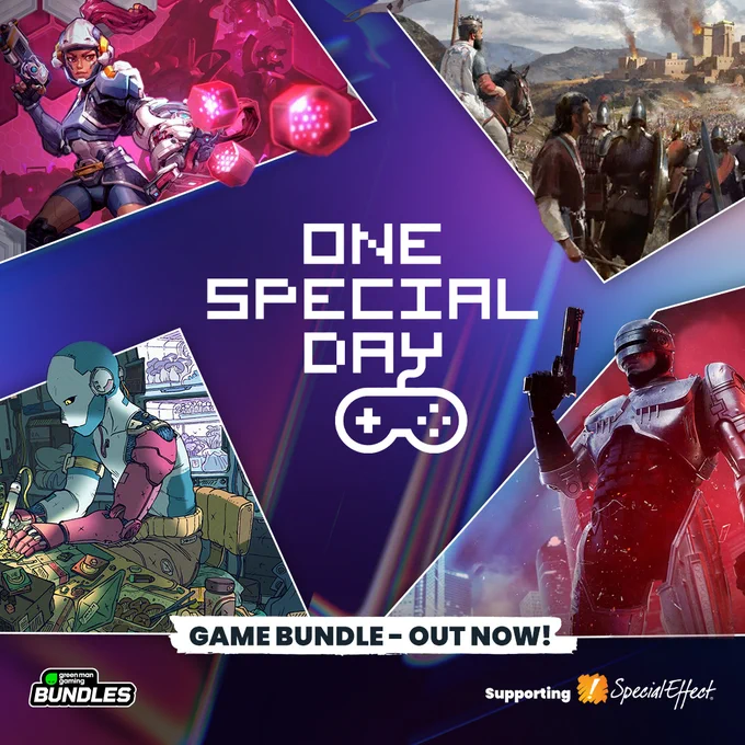 Promotional image for "One Special Day" game bundle, featuring an assortment of video game characters, supporting SpecialEffect charity.