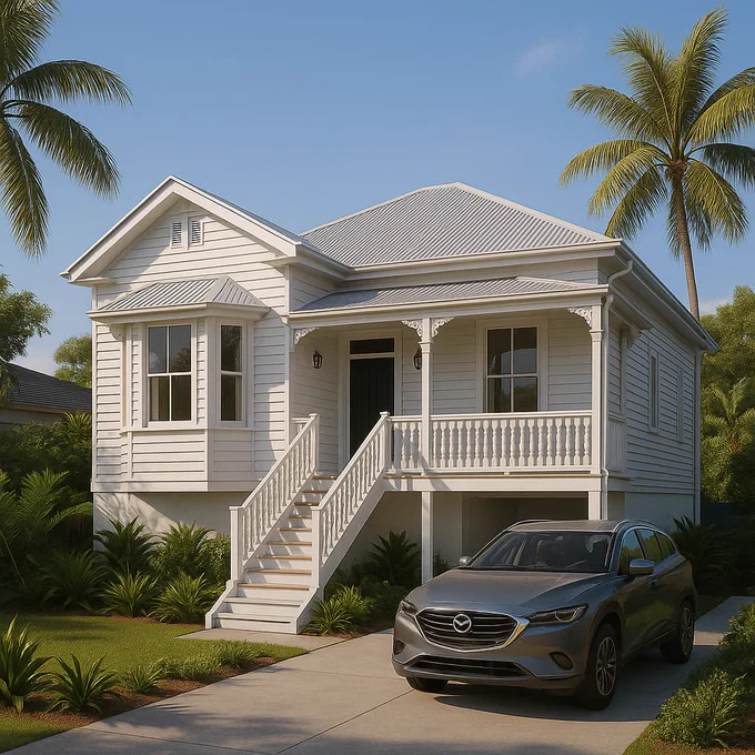 This highly detailed 3D architectural rendering presents a modernized elevated home styled with traditional Queenslander elements. The exterior features crisp white-painted timber weatherboards and wide wraparound verandas with ornate timber railings, all topped with a corrugated metal roof that adds a timeless architectural touch. The house is elevated on sturdy piers, capturing classic raised-home design, while a modern driveway leads to a parked SUV, reinforcing a blend of tradition and contemporary living. Surrounding the home is a lush, manicured tropical garden with palm trees and dense foliage, enhanced by realistic sunlight and sharp shadows under a bright blue afternoon sky. Rendered by CGTech Rendering, this visualization exemplifies photorealism with cinematic lighting, sharp material textures, and accurate architectural proportions—ideal for presentations, client previews, and real estate marketing.