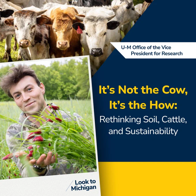 Four photos featuring U-M SEAS PhD candidate Will Brinkerhoff conducting soil research at a cattle farm in Dexter, Michigan. Title: It’s Not the Cow, It’s the How: Rethinking Soil, Cattle, and Sustainability. U-M Office of the Vice President for Research.