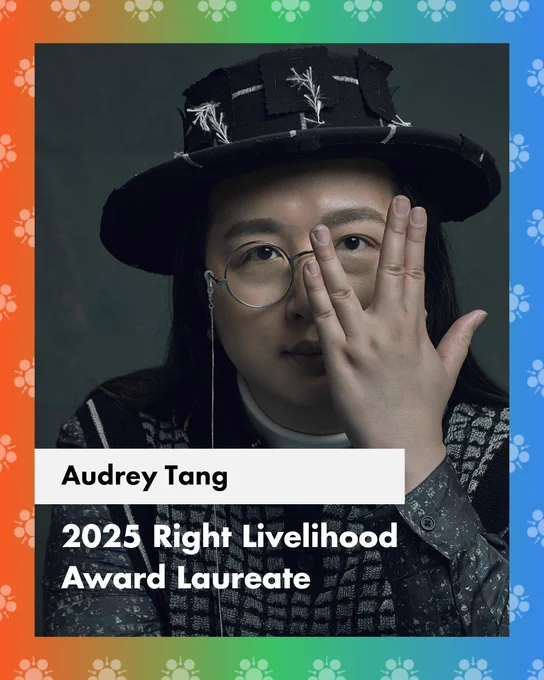 Audrey Tang, Taiwan’s cyber ambassador, first digital minister and architect of the Taiwan Model for digital diplomacy, gives a Vulcan salute synonymous with the phrase “Live Long and Prosper” in a graphic produced by Social Enterprise World Forum celebrating her naming as a 2025 Right Livelihood Award laureate.