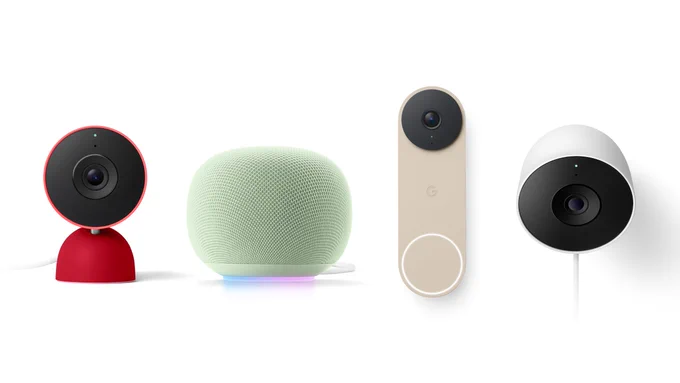 A collage featuring cameras, doorbells and a speaker.