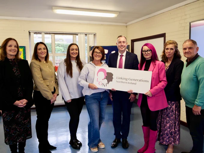 Image of Education Minister Paul Givan with representatives from Linking Generations NI, EOTAS Lough Road Learning Centre, Antrim and Newtownabbey Borough Council and Education Authority. 