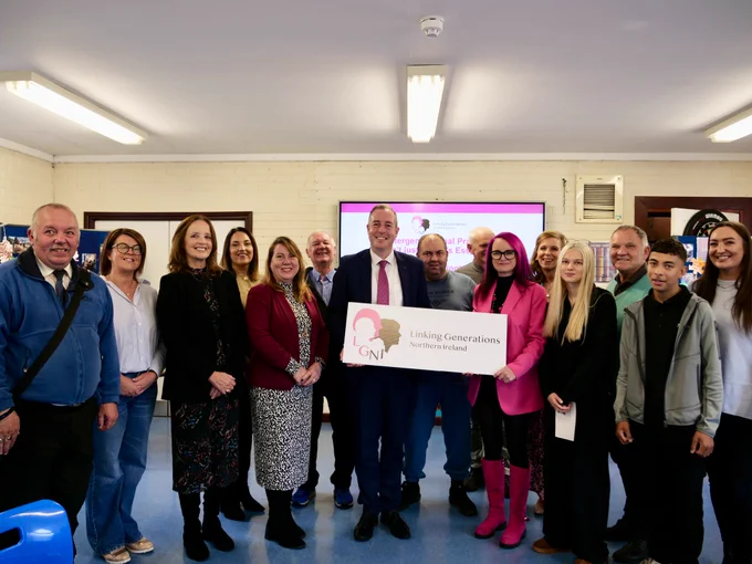 Image of Education Minister Paul Givan with representatives from Linking Generations NI, EOTAS Lough Road Learning Centre, Antrim and Newtownabbey Borough Council and Education Authority. 