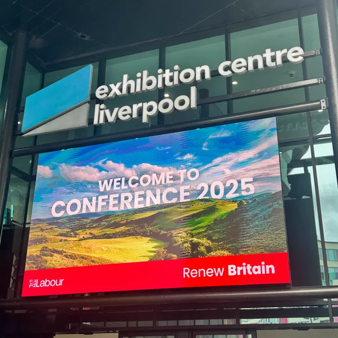 Photo of the welcome sign at the Exhibition Centre Liverpool which reads 'Welcome to conference - Renew Britain'.