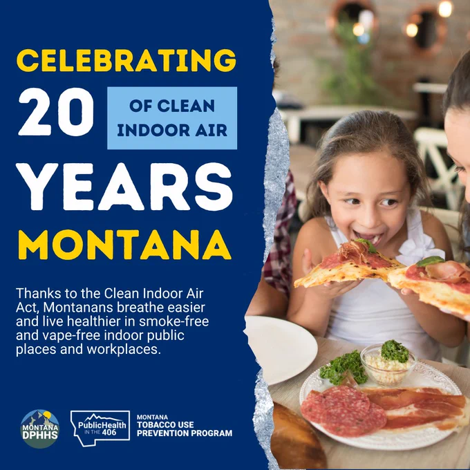 A young girl enjoys a slice of pizza while smiling, sitting at a table with a plate of food in front of her. The image features text celebrating 20 years of clean indoor air in Montana, highlighting the benefits of the Clean Indoor Air Act for healthier living. Background elements include a casual dining setting with blurred figures and greenery.