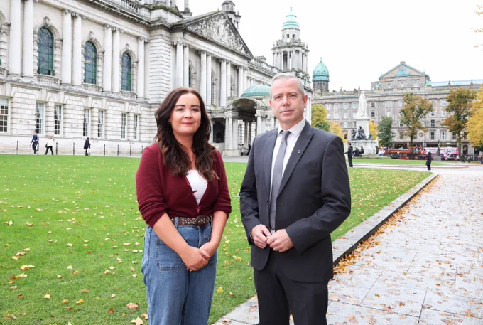 Councillor Natasha Brennan with Pól Deeds from Foras an Gaeilge, outside City Hall. 