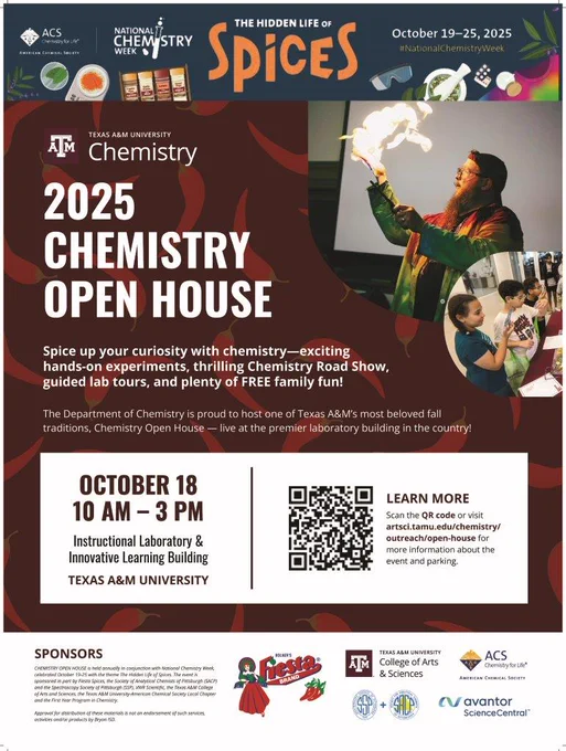 Chemistry Open House poster with the theme The Hidden Life of Spices. Pictures of spices are shown, along with two pictures from previous Open Houses showing a demonstration involving fire and children engaged in hands-on activities. 