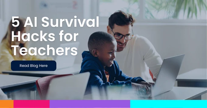 An adult and a child sitting at a table, looking at a laptop screen, with text '5 AI Survival Hacks for Teachers' displayed above them.