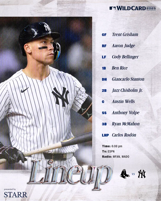 Yankees lineup vs Boston: 
Trent Grisham | CF | 12
Aaron Judge | RF | 99
Cody Bellinger | LF | 35
Ben Rice | 1B | 22
Giancarlo Stanton | DH | 27
Jazz Chisholm Jr. | 13 | 2B
Austin Wells | C | 28
Anthony Volpe | SS | 11
Ryan McMahon | 3B | 19
Carlos Rodón | LHP | 55
Photo of Aaron Judge

Today: 6:08 PM ET
TV: ESPN
Radio: WFAN 660/101.9 FM, WADO 1280