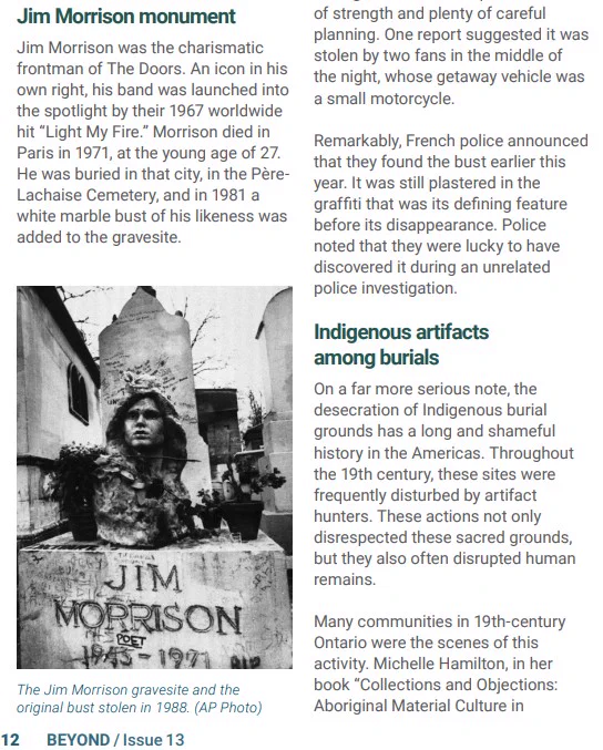 A photo on page 12 of the magazine shows Jim Morrison's gravesite in Paris. 