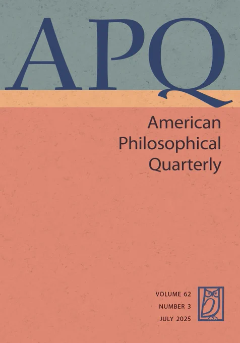 Cover of American Philosophical Quarterly, Volume 62, Issue 3, July 2025
Blue letters spell "APQ" at the top of the page on a green rectangle, with a yellow rectangle below separating it from the rest of the red background.