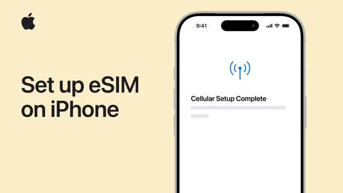 Set up eSIM on iPhone. iPhone shows an antenna icon and the message Cellular Setup Complete.