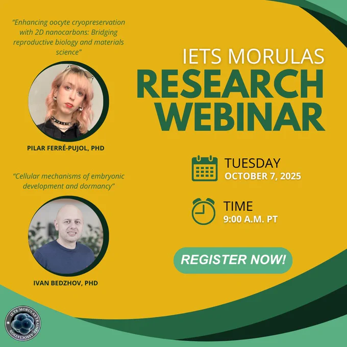 IETS Morulas Research Webinar

Tuesday, October 7, 2025
Time: 9:00 a.m. PT

"Enhancing oocyte cryopreservation with 2D nanocarbons: Bridging reproductive biology and materials science"
Speaker Pilar Ferré-Pujol, PhD

"Cellular mechanisms of embryonic development and dormancy"
Speaker Ivan Bedzhov, PhD

Register now!