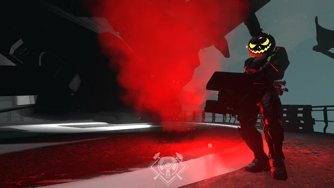 "Ra Kue’e Station” Forge map by ArturBloodshot. The sinister silhouette of a Spartan in Gourdian Knight armor looms in the red haze of a flare near a Pelican.