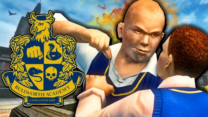 Jimmy Hopkins and Pete Kowalski next to the Bullworth Academy emblem.