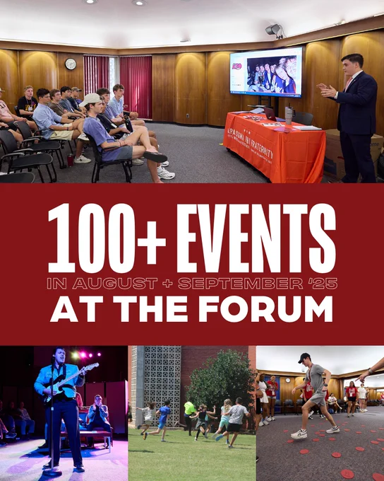 Collage of three events at The Forum, featuring a speaker presenting in a lecture hall, a live band performance, and individuals participating in an indoor athletic activity. The graphic says "100  events in August   September at The Forum."