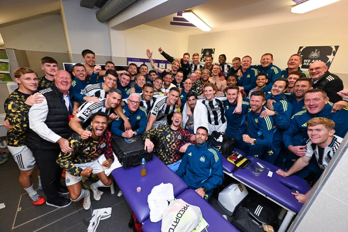 Newcastle United team photo in the dressing room after a 4-0 win over Union SG at Lotto Park. 