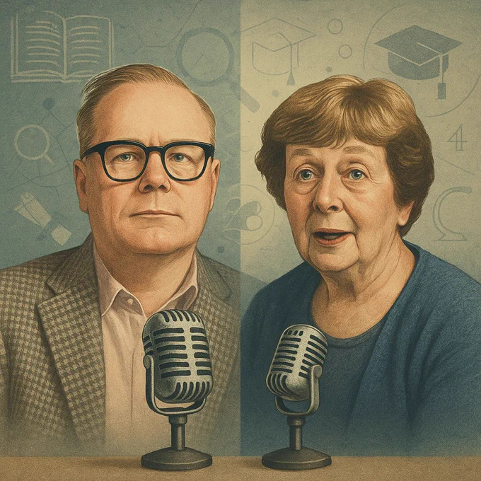 Square, semi-photorealistic illustration of a conversation: left panel shows a middle-aged man with short, slicked-back hair, thick rectangular glasses and a houndstooth blazer (Thomas Lancaster); right panel shows an older woman with short brown hair wearing a textured cardigan (Irene Glendinning). Two vintage tabletop microphones sit in the foreground between them. The background is a warm, textured paper effect in teal and cream with subtle academic symbols (open book, graduation cap, magnifying glass, network lines) and a soft vignette. The overall tone is thoughtful and editorial, emphasising dialogue, research and the ethical complexity of contract cheating and AI.
