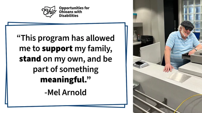Mel Arnold. Text, "This program has allowed me to support my family, stand on my own, and be part of something meaningful. Mel Arnold." OOD logo.
